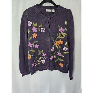 Vintage David Loren Womens L Cardigan Purple Floral Embroidered Grandma Sweater